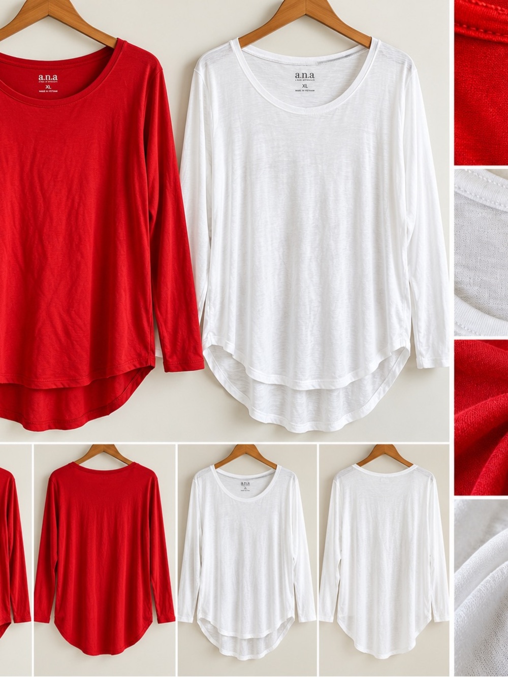 a.n.a Red and White Long-Sleeve Scoop Neck Layered-Hem Tops